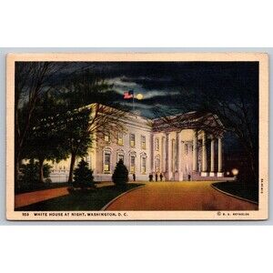 Postcard Washington D. C. White House At Night Moonlight Linen Posted 1938 Flag